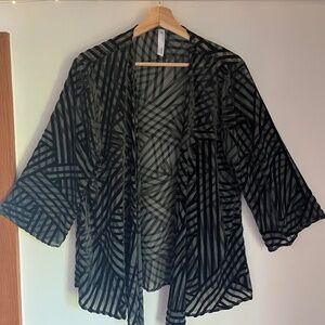 Semi-Sheer Black Velvet Cross Striped Wrap, O/S